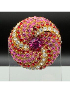Vintage ART Pink Red Swirl Dome Rhinestone Brooch Pin Gold Tone Spring READ